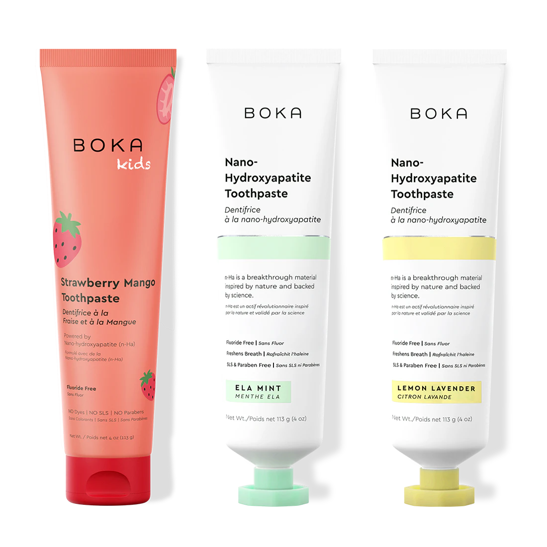 Three tubes of Boka Nano-Hydroxyapatite Toothpaste on a white background