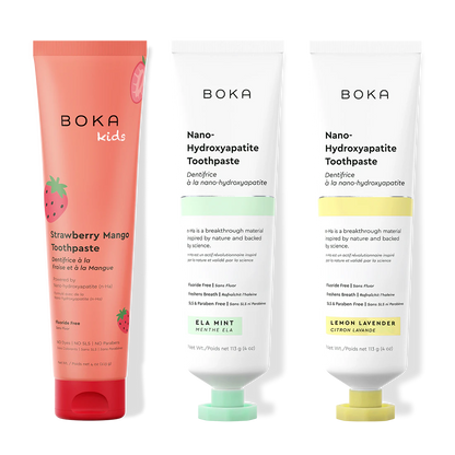 Three tubes of Boka Nano-Hydroxyapatite Toothpaste on a white background
