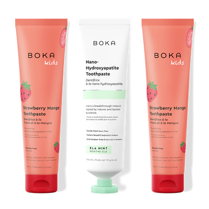 Three tubes of Boka Nano-Hydroxyapatite Toothpaste on a white background