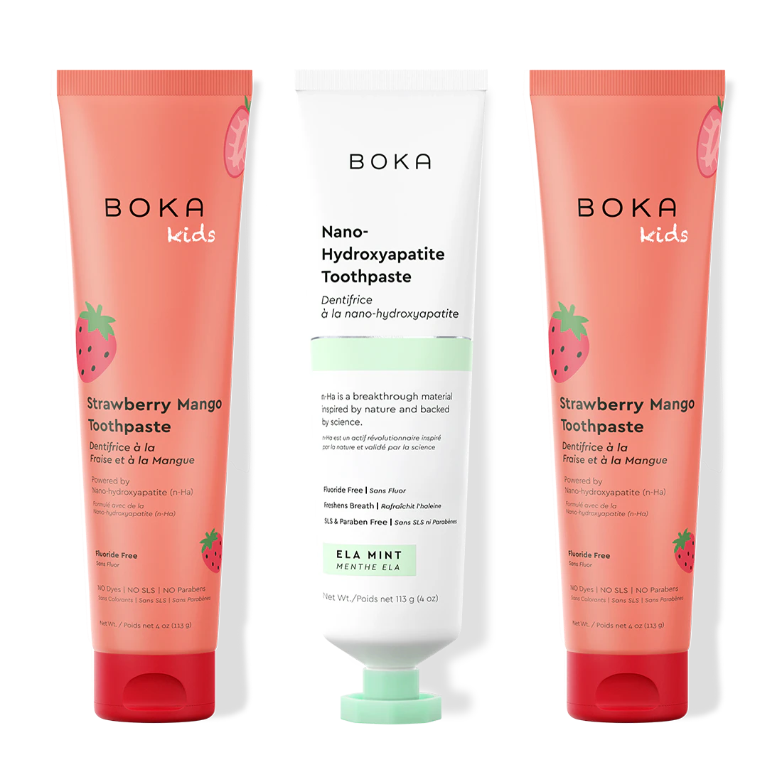Three tubes of Boka Nano-Hydroxyapatite Toothpaste on a white background