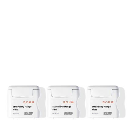 Three Boka Floss - Strawberry Mango containers, BPA-free, arranged in a row on white background.