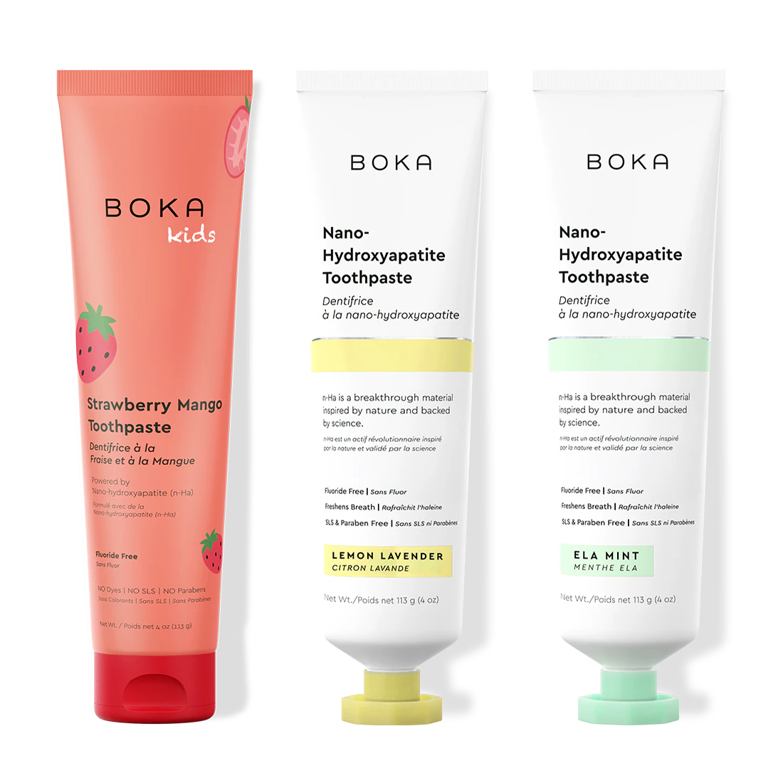 Three tubes of Boka Nano-Hydroxyapatite Toothpaste on a white background