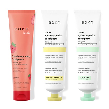 Three tubes of Boka Nano-Hydroxyapatite Toothpaste on a white background
