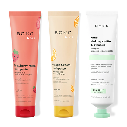 Three tubes of Boka Nano-Hydroxyapatite Toothpaste on a white background