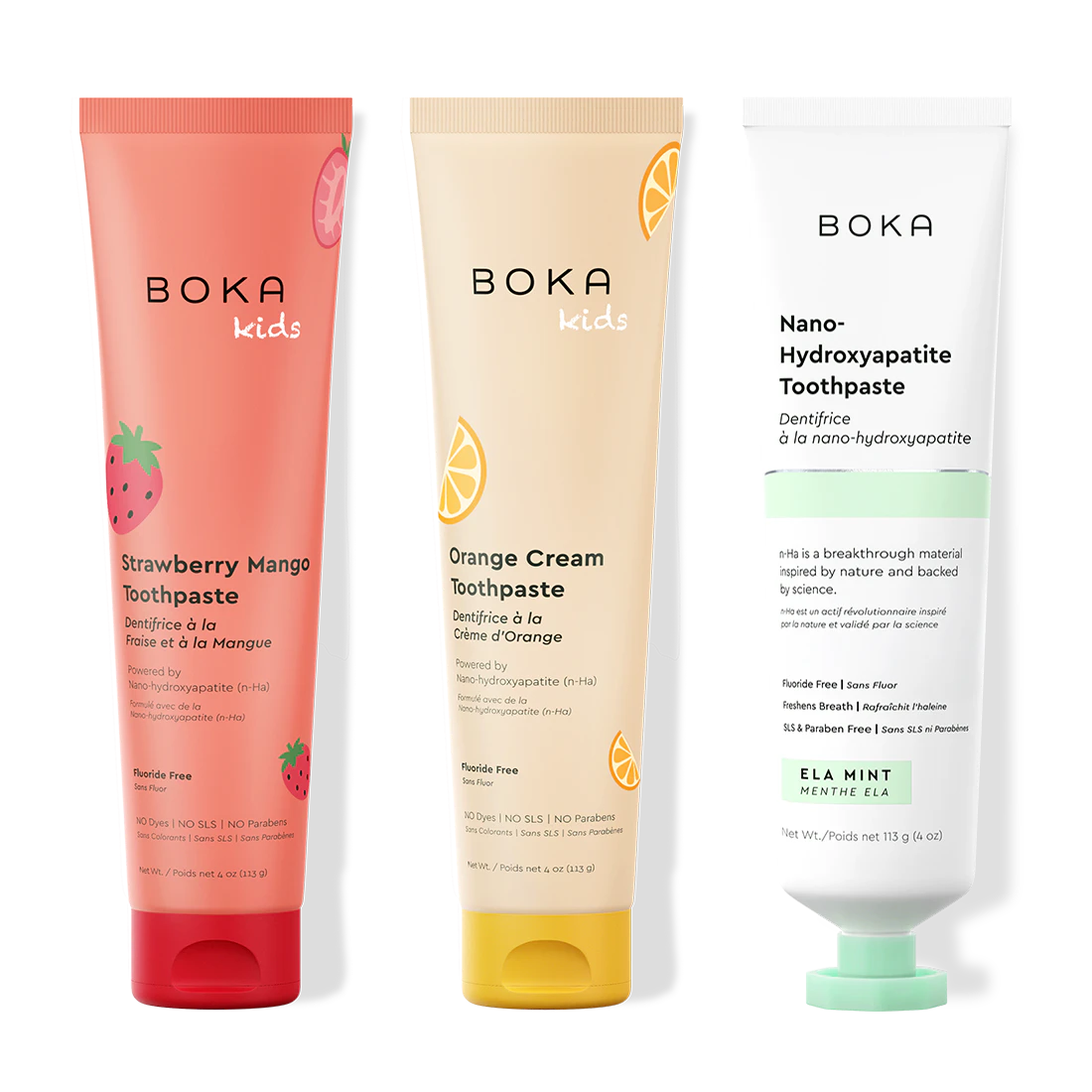Three tubes of Boka Nano-Hydroxyapatite Toothpaste on a white background