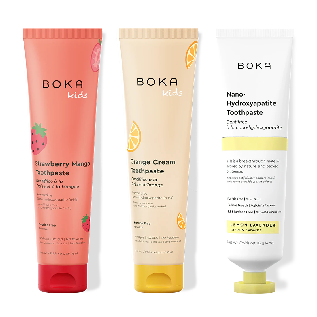 Three tubes of Boka Nano-Hydroxyapatite Toothpaste on a white background