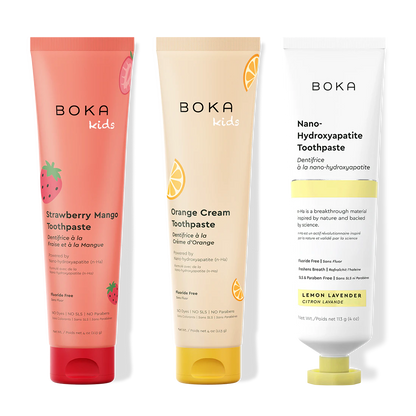 Three tubes of Boka Nano-Hydroxyapatite Toothpaste on a white background