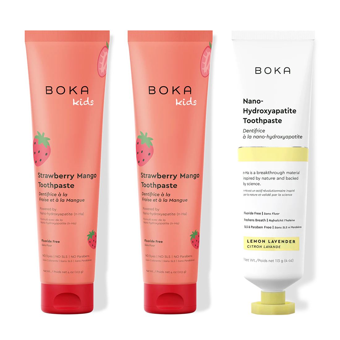 Three tubes of Boka Nano-Hydroxyapatite Toothpaste on a white background