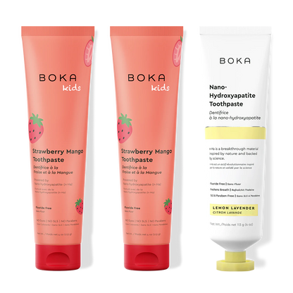 Three tubes of Boka Nano-Hydroxyapatite Toothpaste on a white background