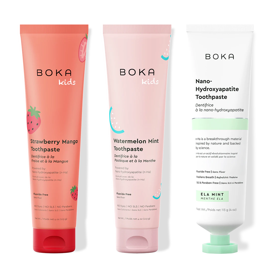Three tubes of Boka Nano-Hydroxyapatite Toothpaste on a white background