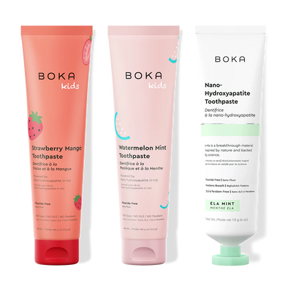 Three tubes of Boka Nano-Hydroxyapatite Toothpaste on a white background