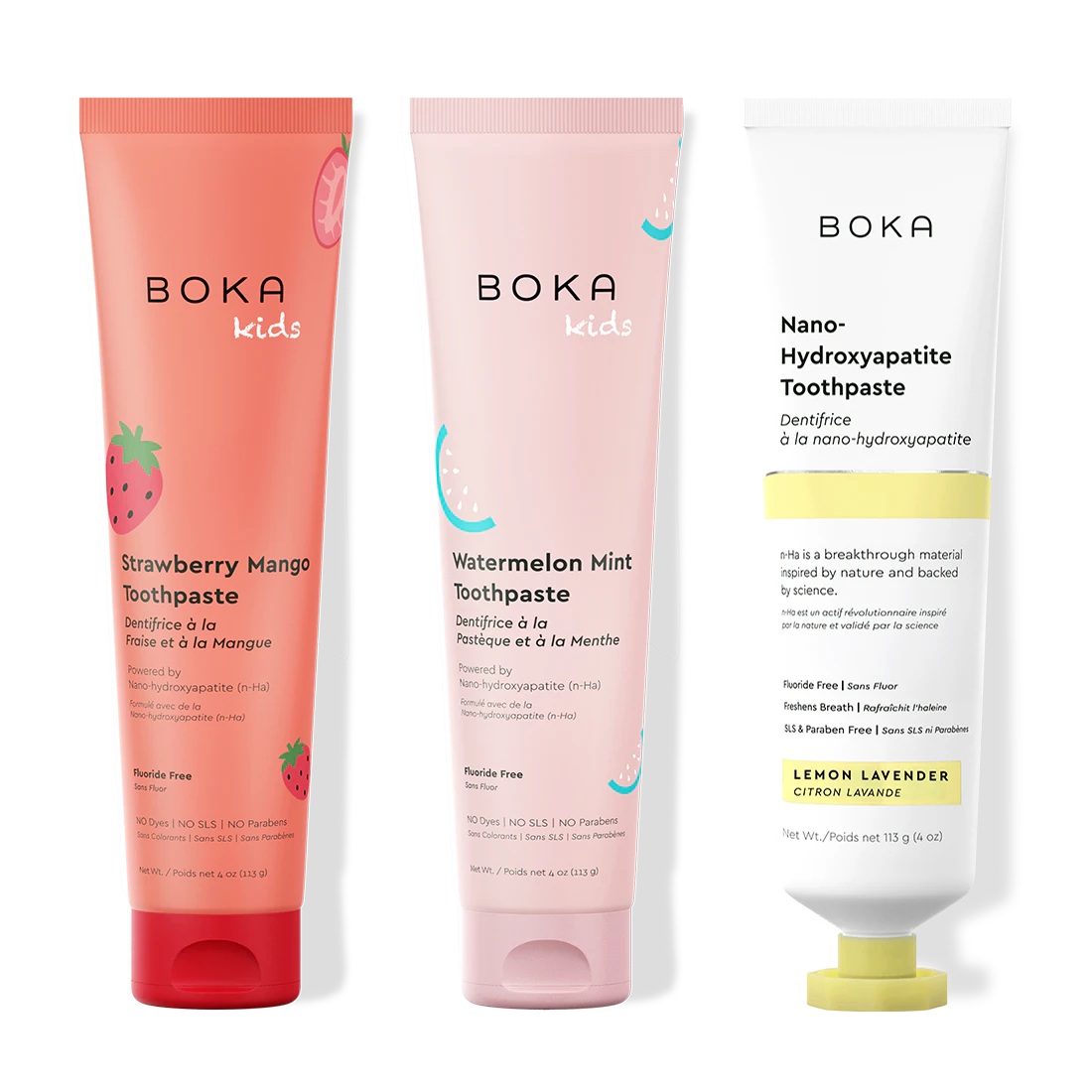 Three tubes of Boka Nano-Hydroxyapatite Toothpaste on a white background