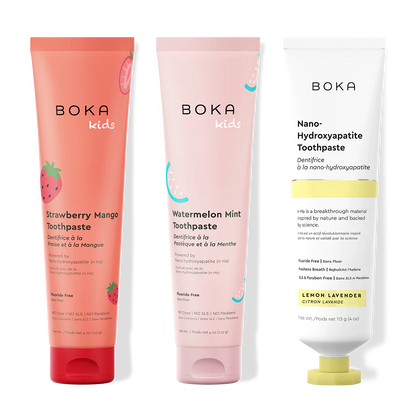 Three tubes of Boka Nano-Hydroxyapatite Toothpaste on a white background