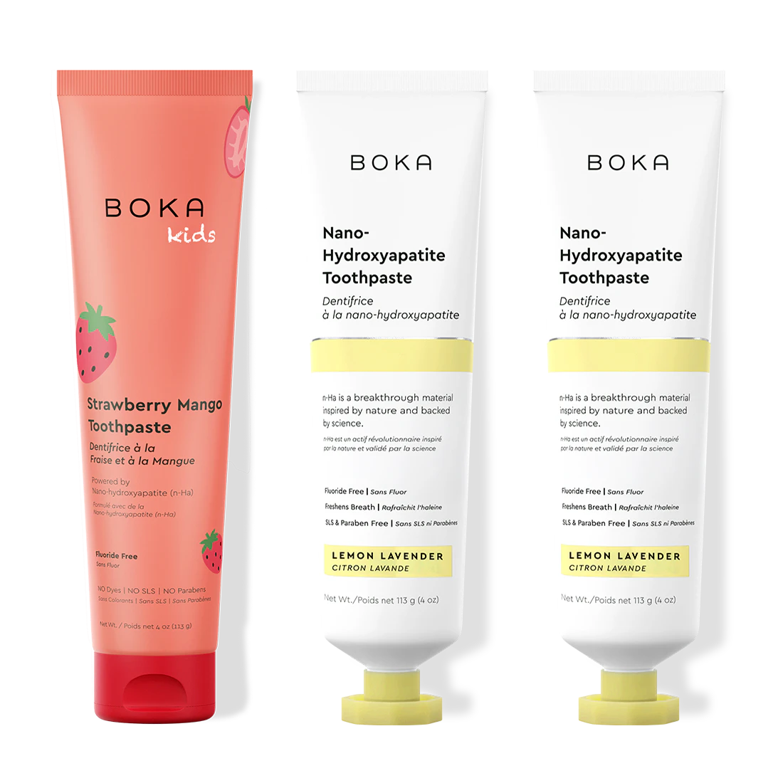 Three tubes of Boka Nano-Hydroxyapatite Toothpaste on a white background