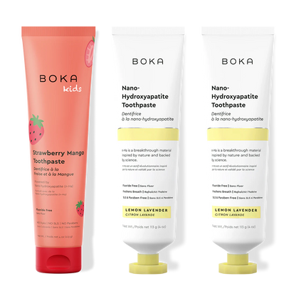Three tubes of Boka Nano-Hydroxyapatite Toothpaste on a white background