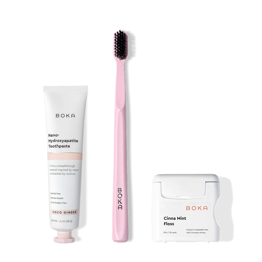 The Travel Kit, featuring Boka toothpaste, charcoal bristle brush, and floss on display.