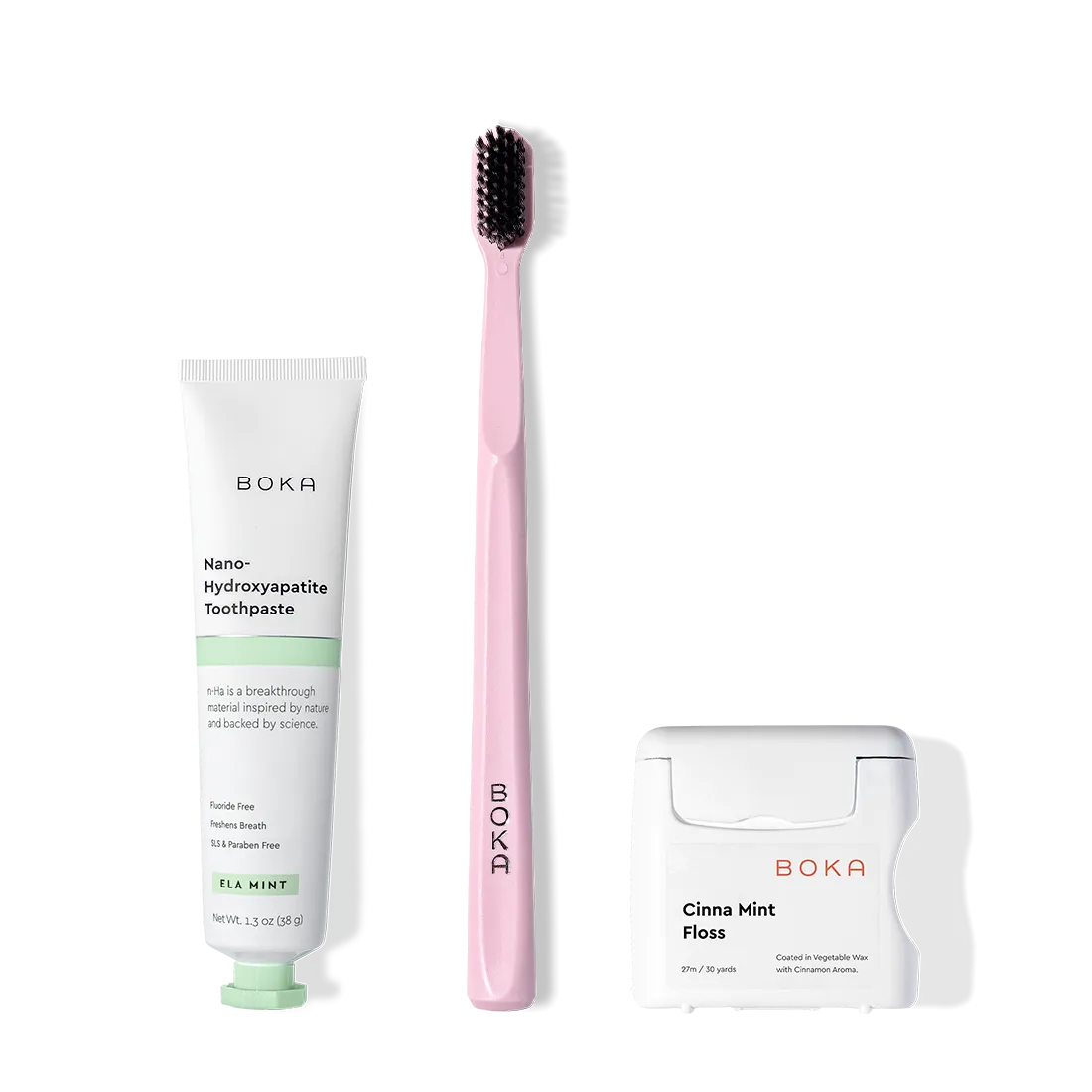 The Travel Kit, featuring Boka toothpaste, charcoal bristle brush, and floss on display.