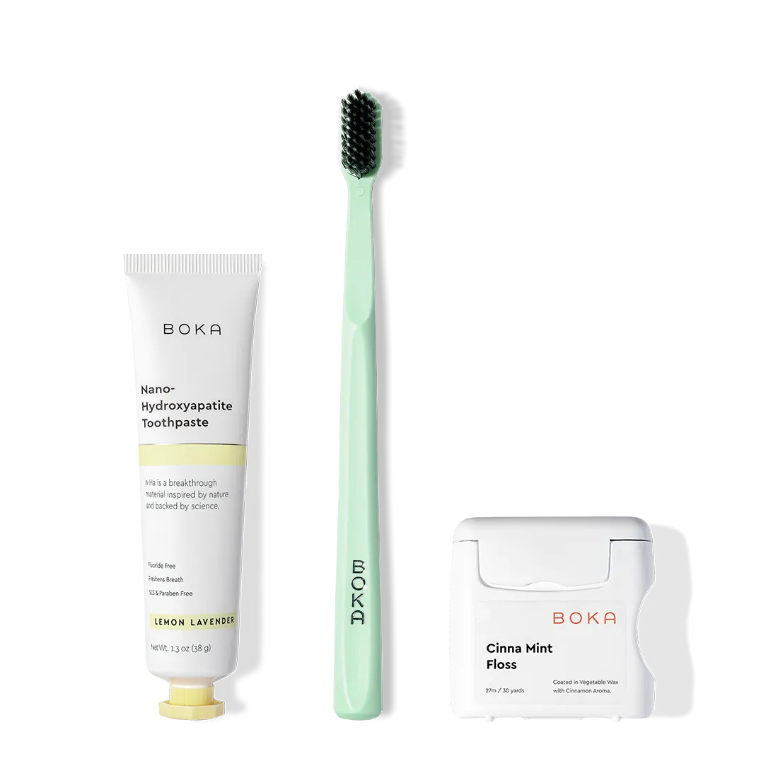 The Travel Kit, featuring Boka toothpaste, charcoal bristle brush, and floss on display.