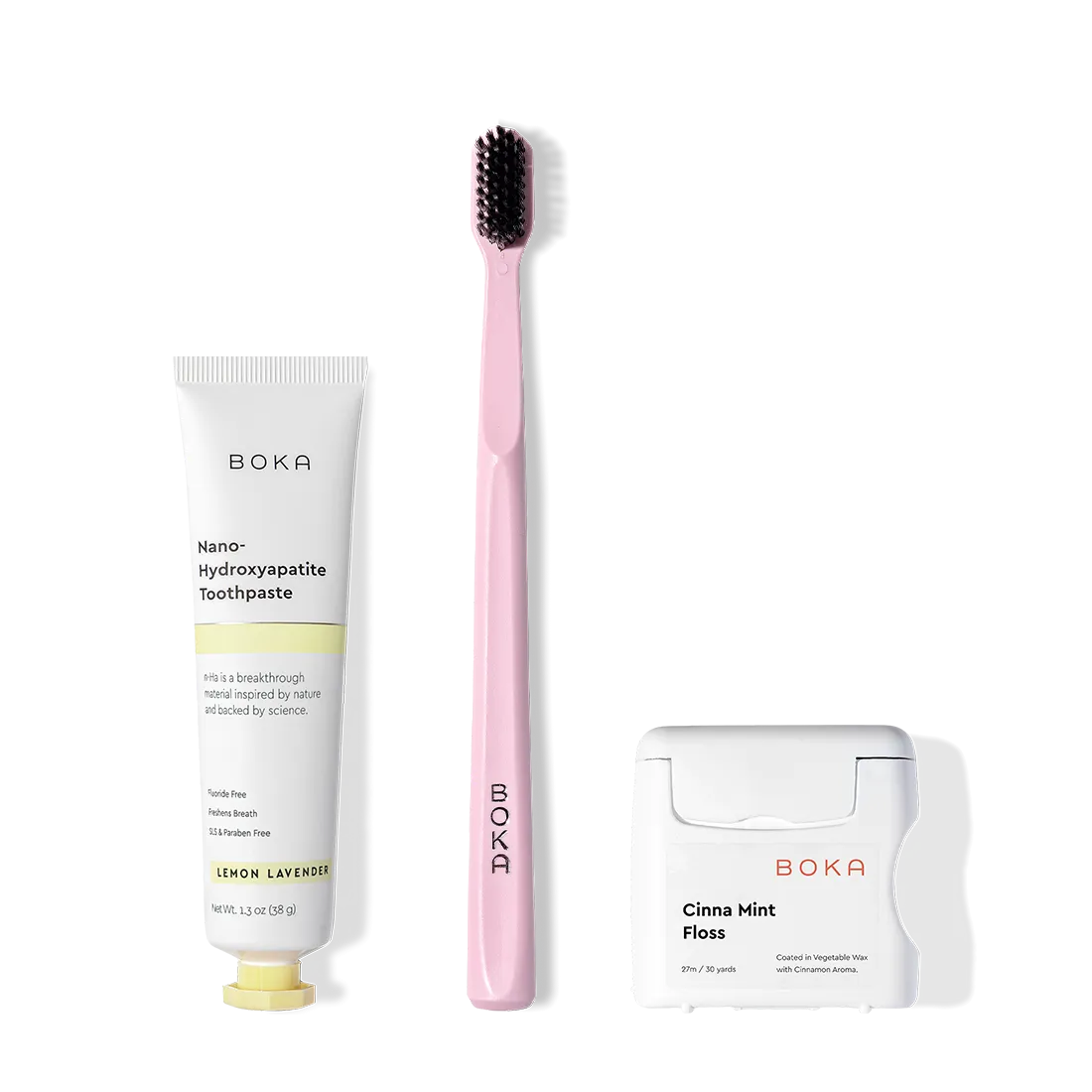 The Travel Kit, featuring Boka toothpaste, charcoal bristle brush, and floss on display.