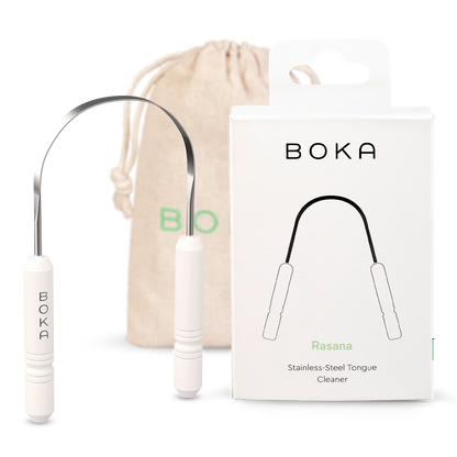 Rasana Stainless Steel Tongue Scraper—includes box & pouch, perfect for fresh breath.
