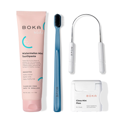 Starter Kit: kids watermelon mint nano-hydroxyapatite toothpaste, blue charcoal brush, floss & tongue cleaner.