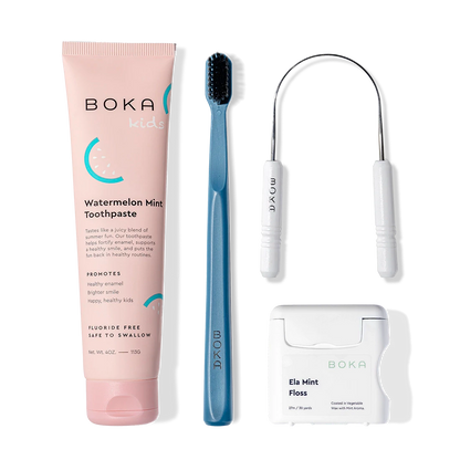 Starter Kit: kids toothpaste, blue charcoal-bristle toothbrush, mint floss, and tongue cleaner.