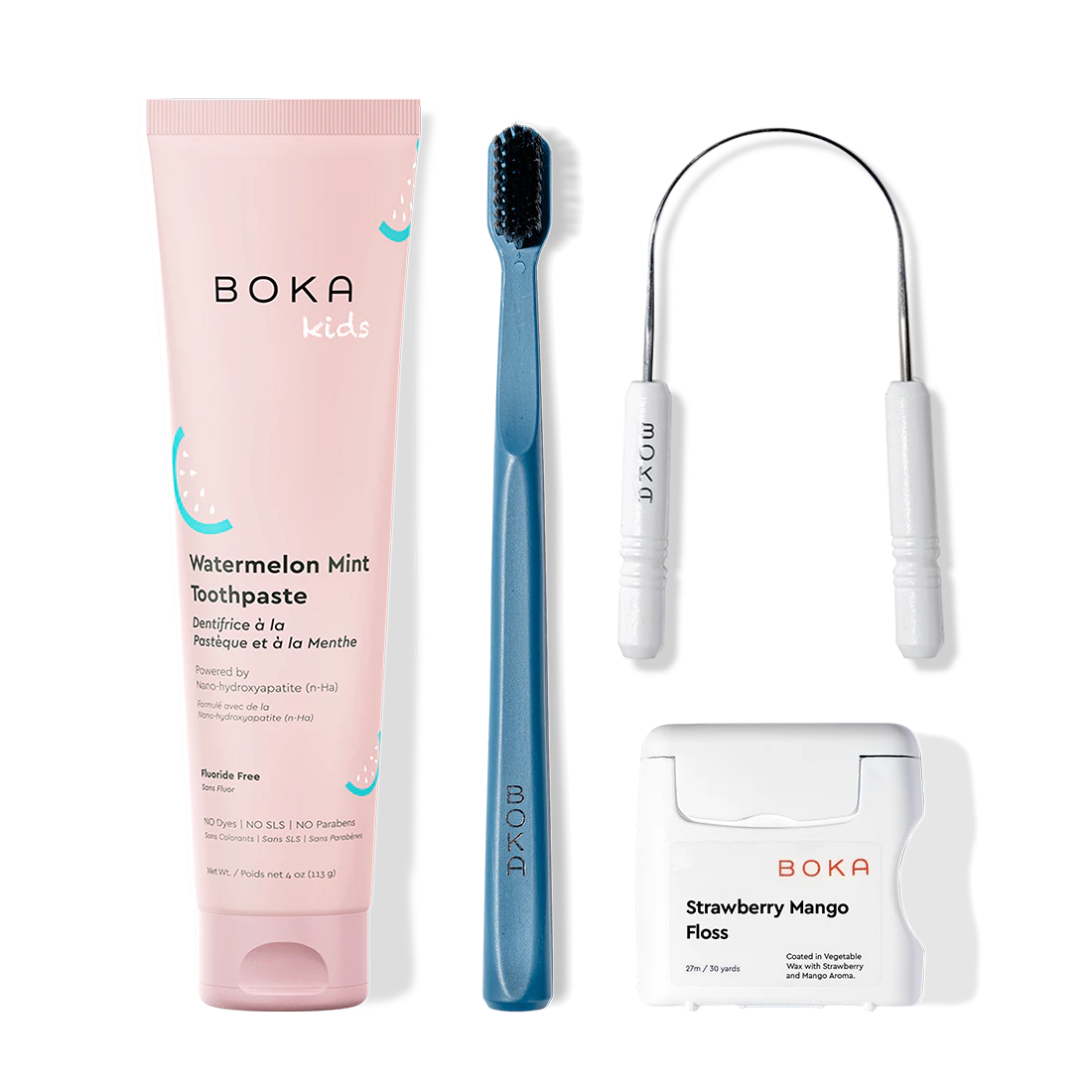 Boka dental care products including toothpaste, toothbrush, Tongue Scraper and floss on a white background