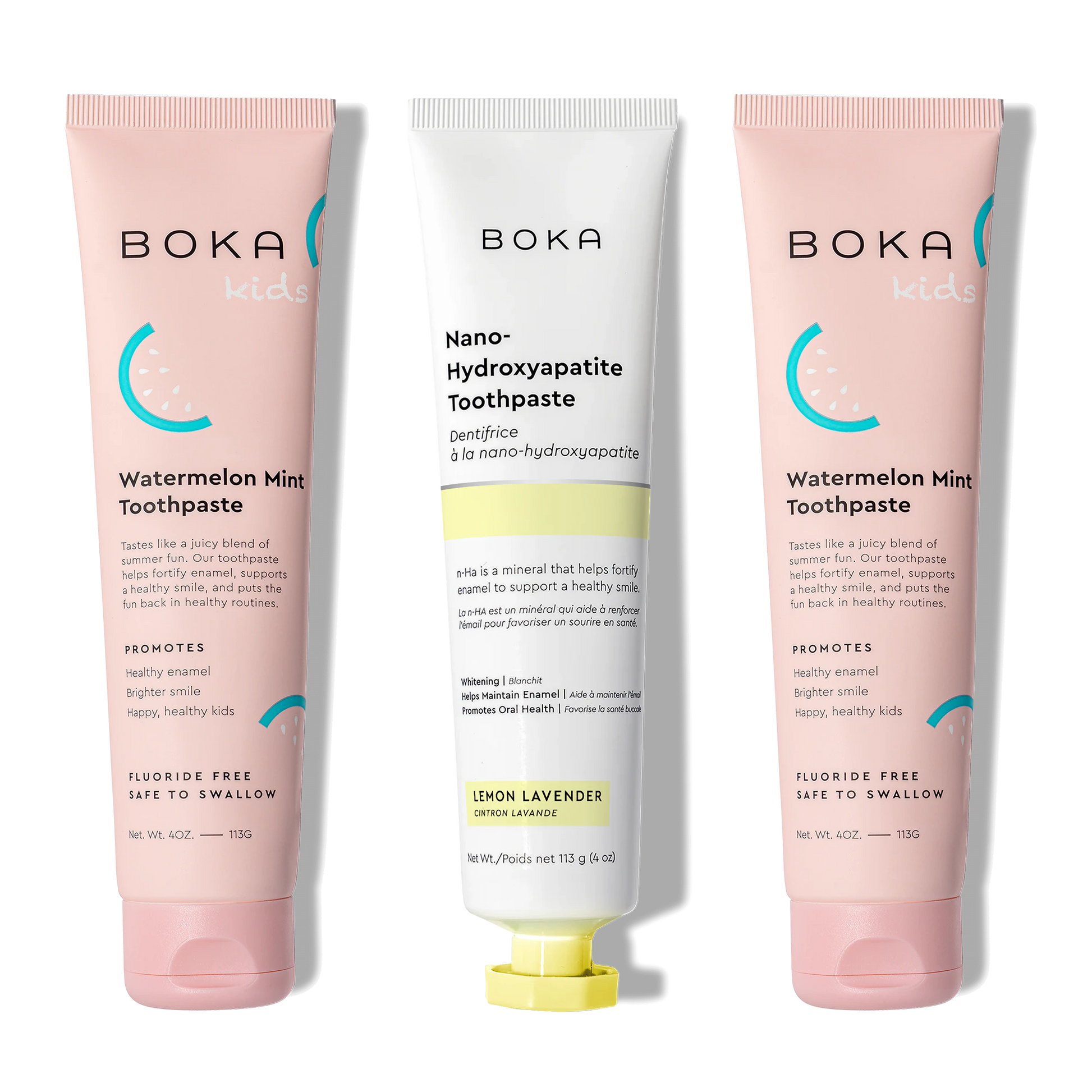 Three Boka toothpaste tubes on a white background