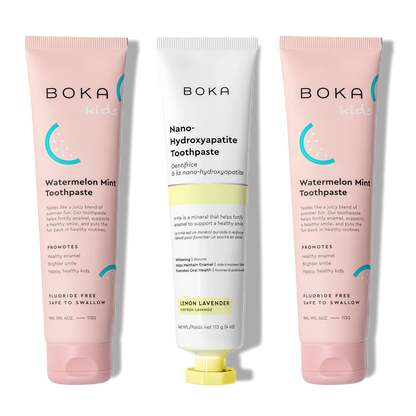 Three Boka toothpaste tubes on a white background