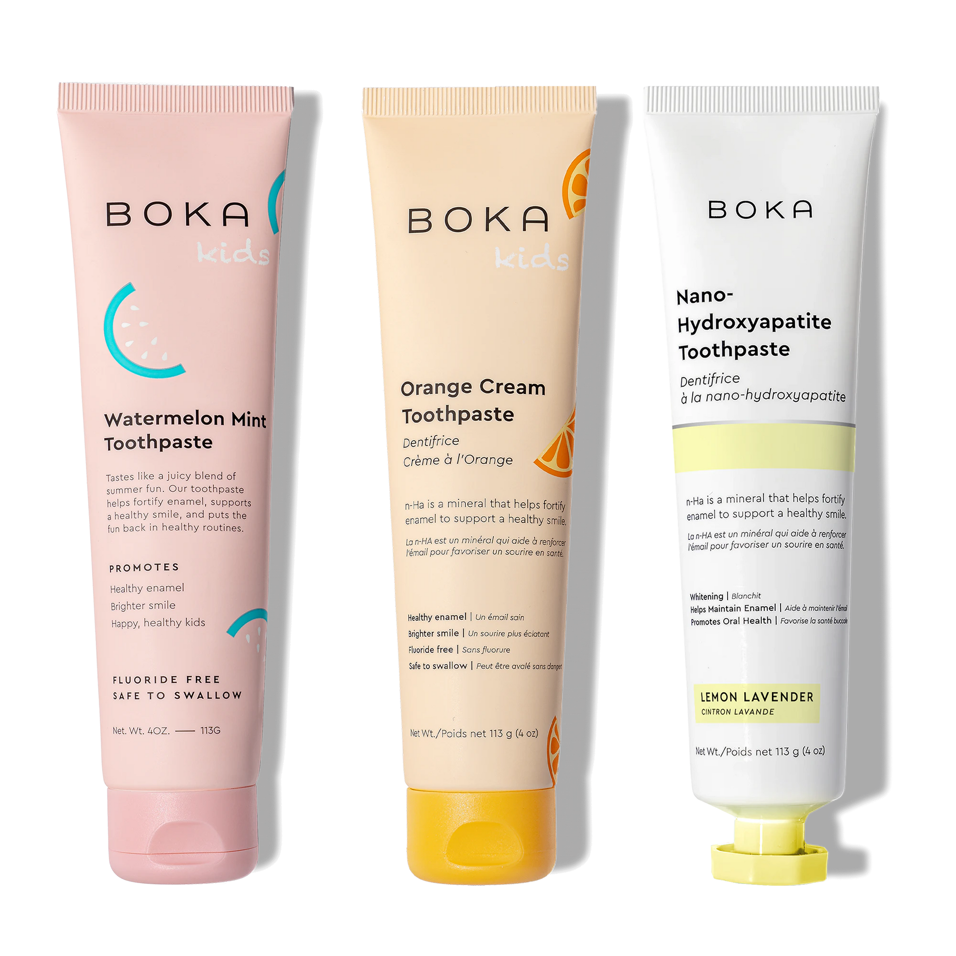 Three Boka toothpaste tubes on a white background