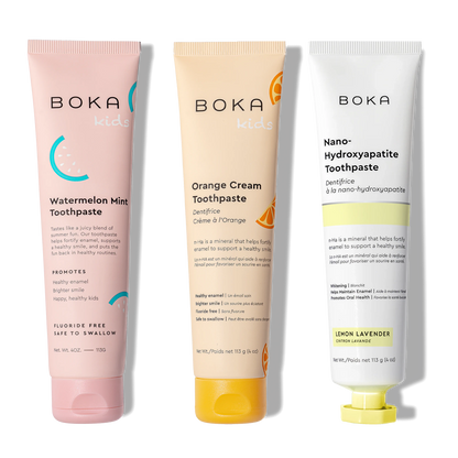 Three Boka toothpaste tubes on a white background