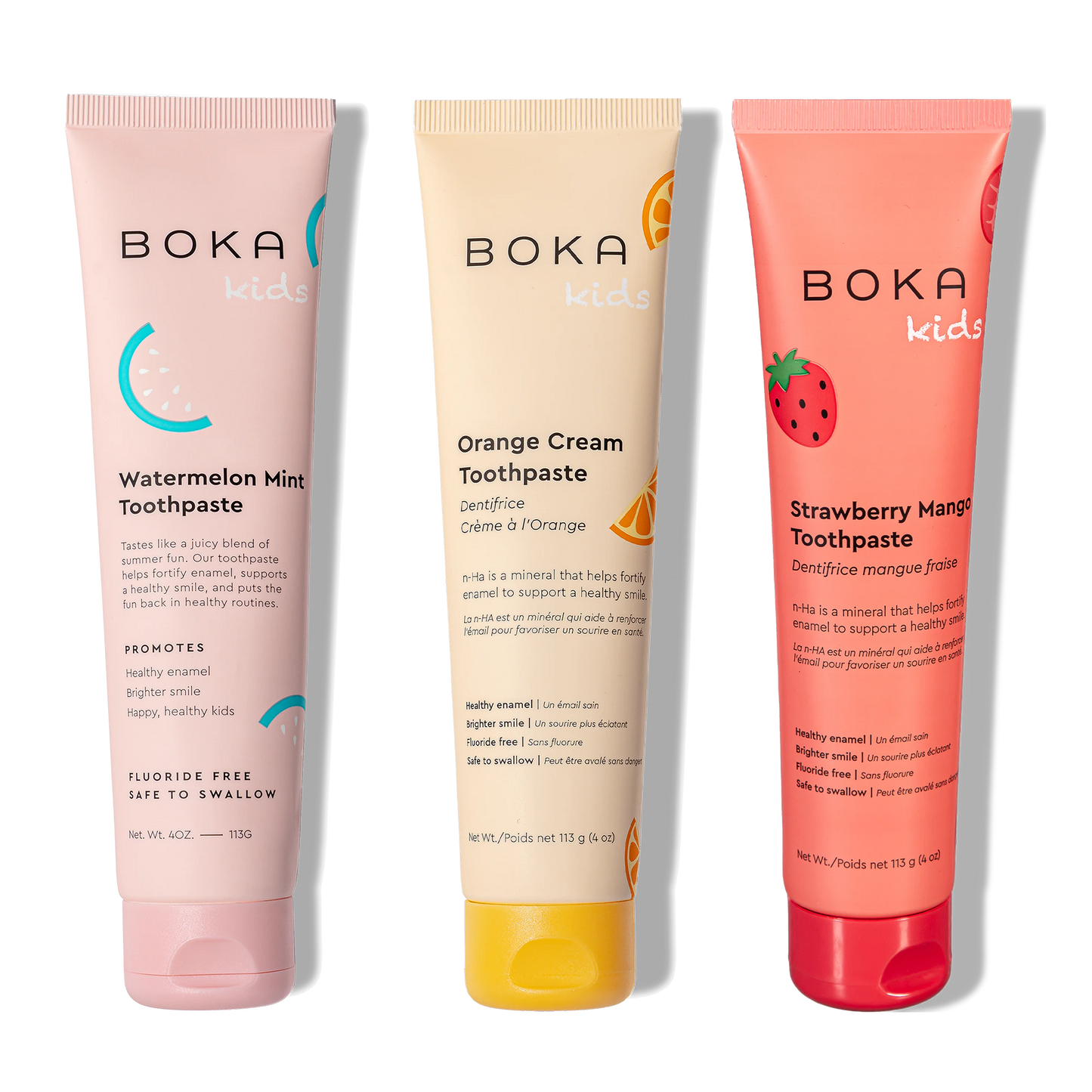 Three tubes of Boka toothpaste in different flavors on a white background