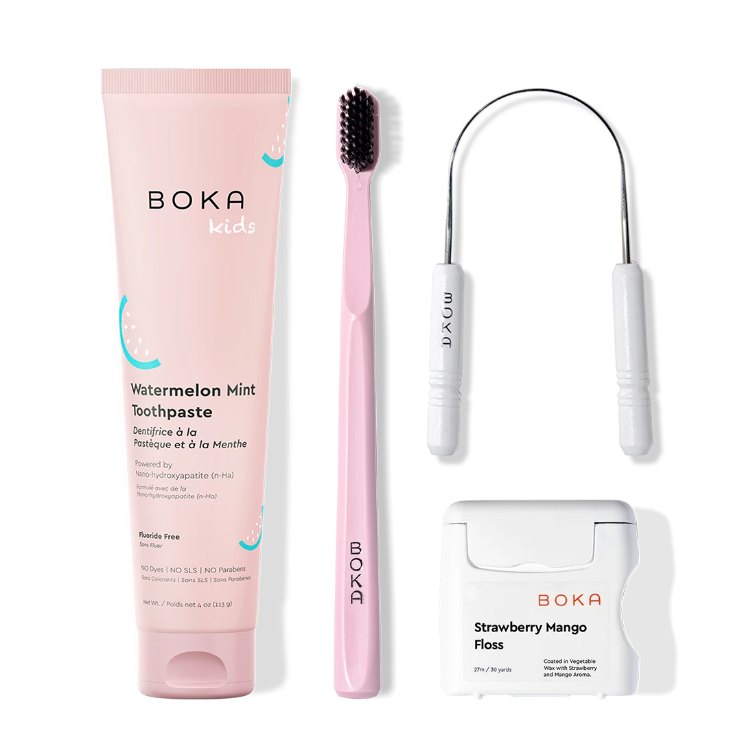 Boka dental care products including toothpaste, toothbrush, Tongue Scraper and floss on a white background