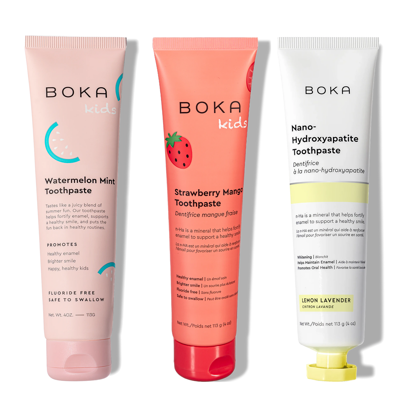 Three Boka toothpaste tubes in different flavors on a white background