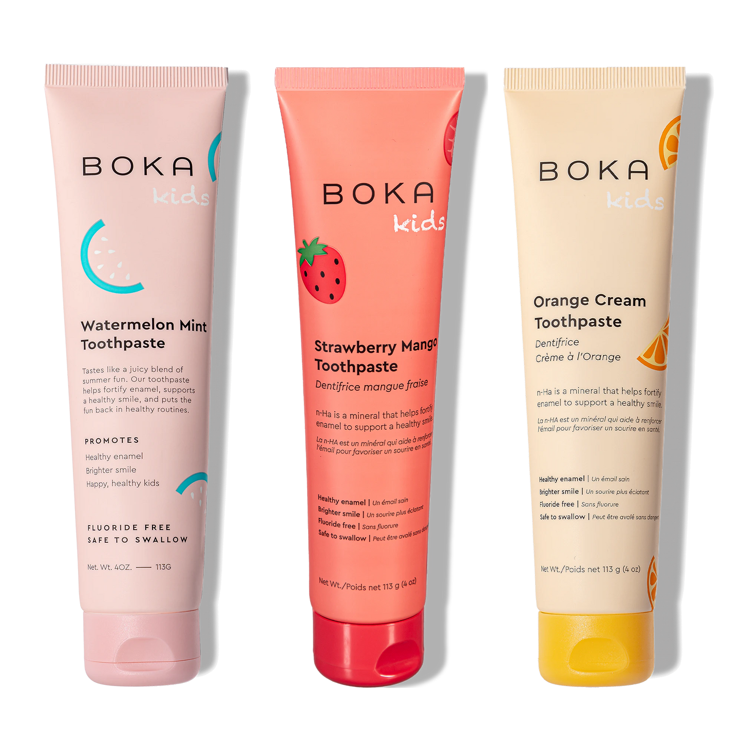 Three Boka toothpaste tubes in different flavors on a white background