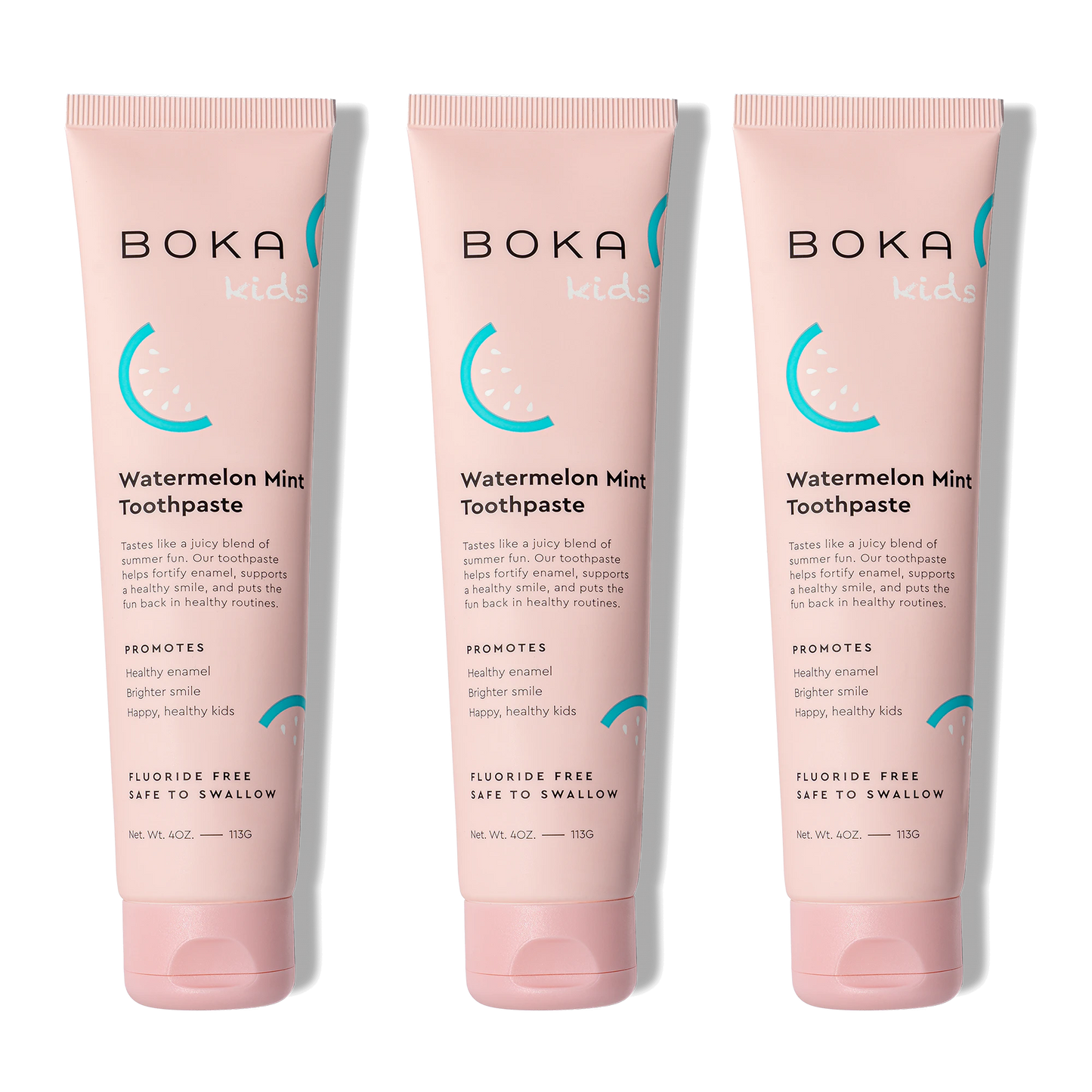 Three tubes of Boka Kids Watermelon Mint Toothpaste on a white background