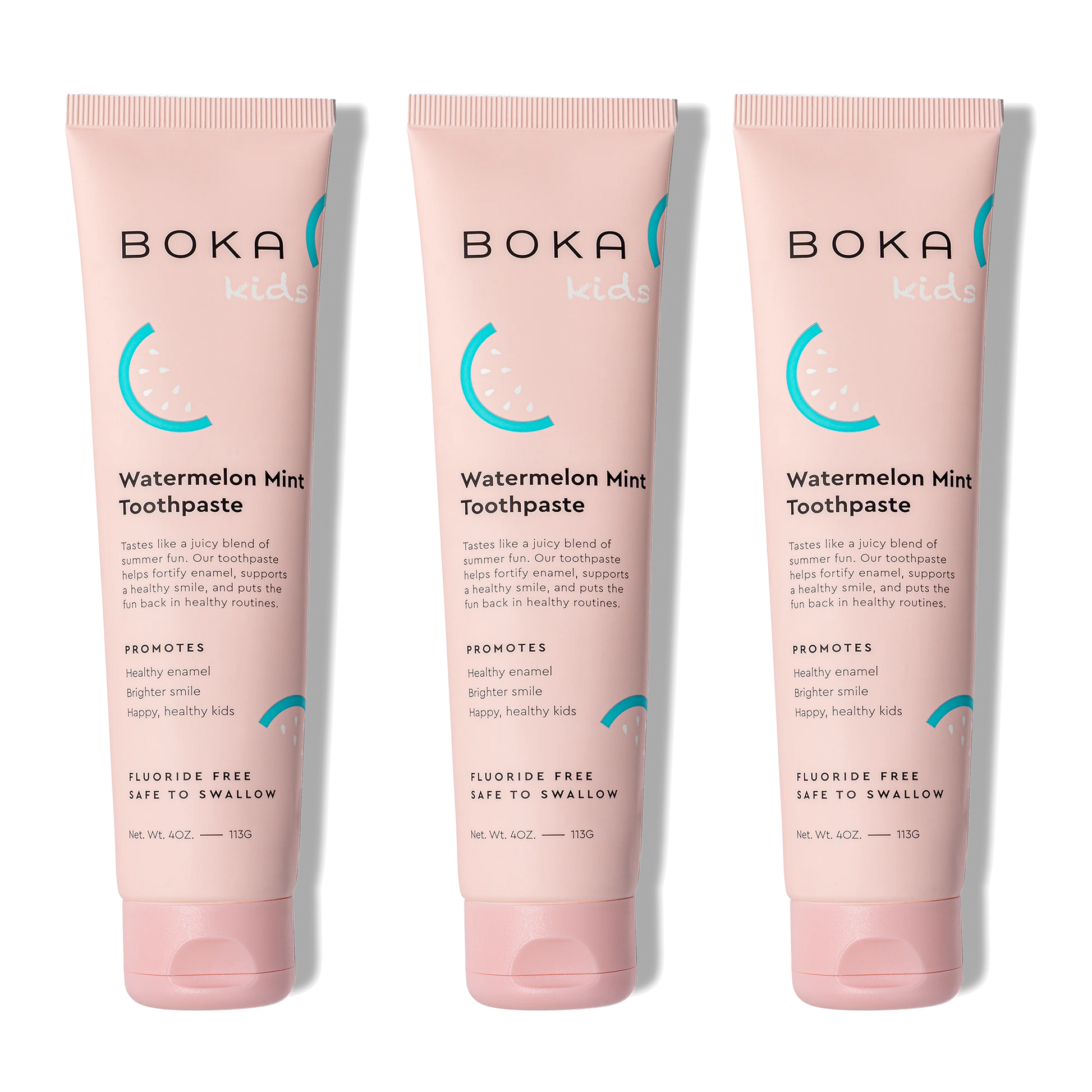 Three tubes of Boka Kids Watermelon Mint Toothpaste on a white background
