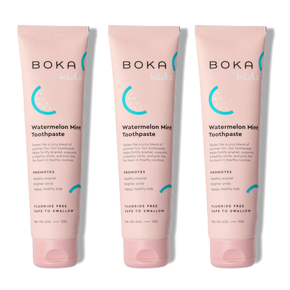 Three tubes of Boka Kids Watermelon Mint Toothpaste on a white background