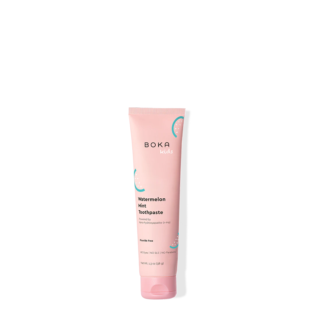 Pink tube of Boka toothpaste on a white background