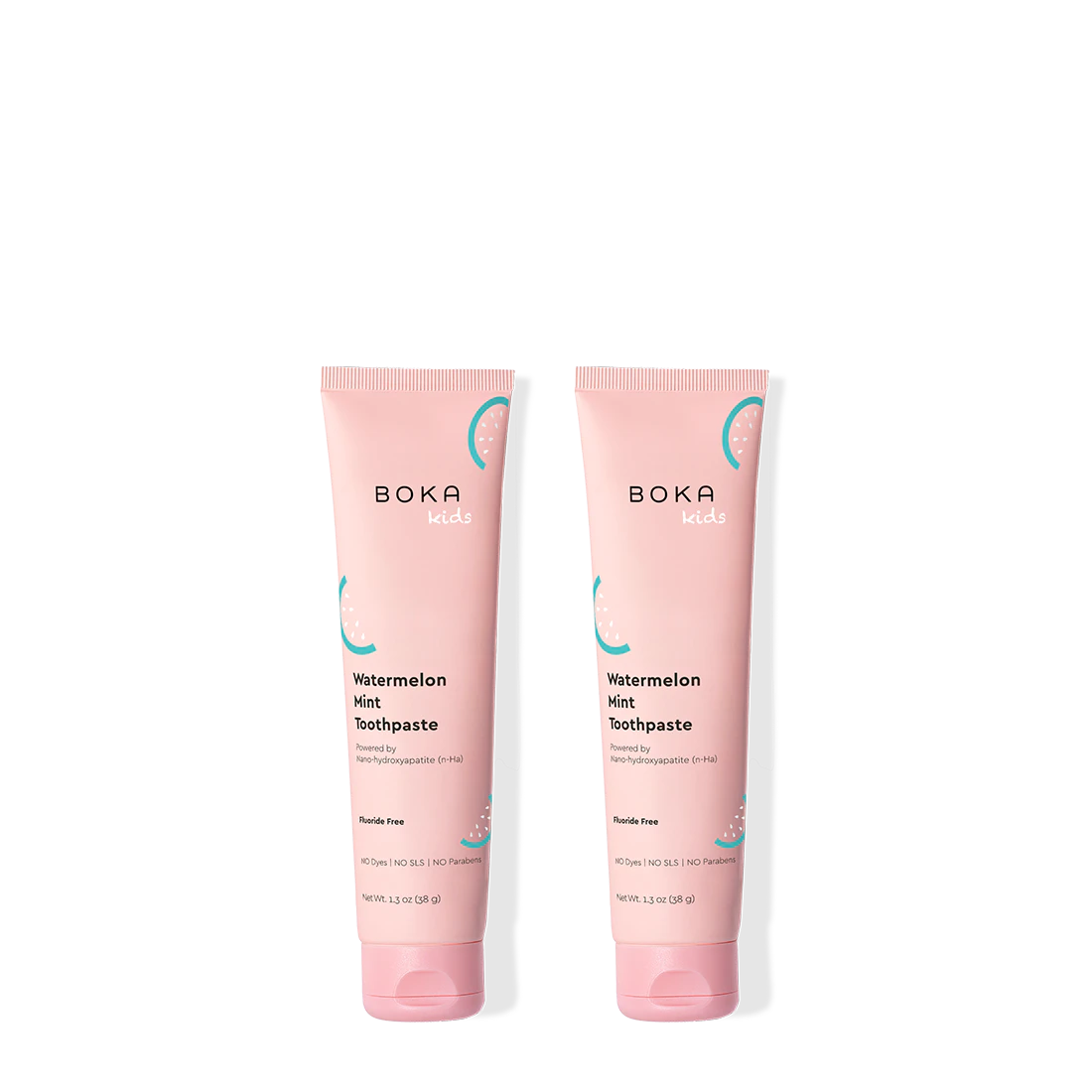 Two tubes of Boka Watermelon Mint toothpaste on a white background