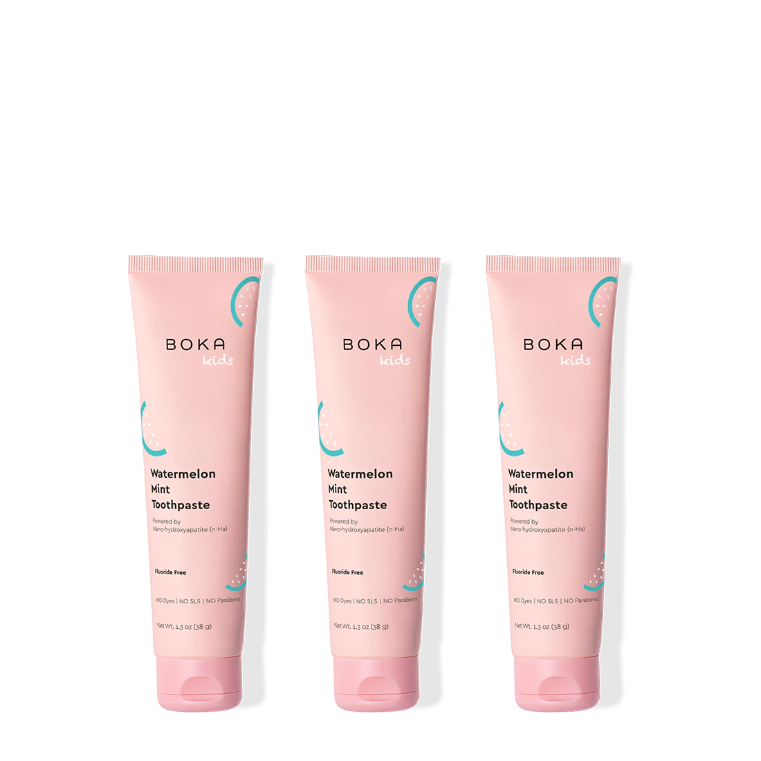 Three tubes of Boka Watermelon Mint Toothpaste on a white background