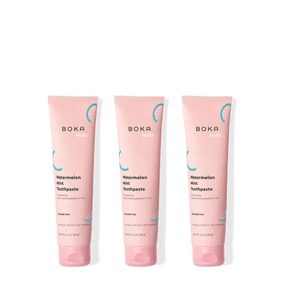 Three tubes of Boka Watermelon Mint Toothpaste on a white background