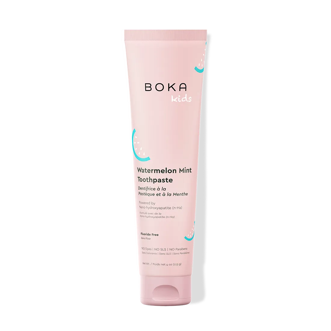 Pink tube of Boka Kids Watermelon Mint Toothpaste on a white background