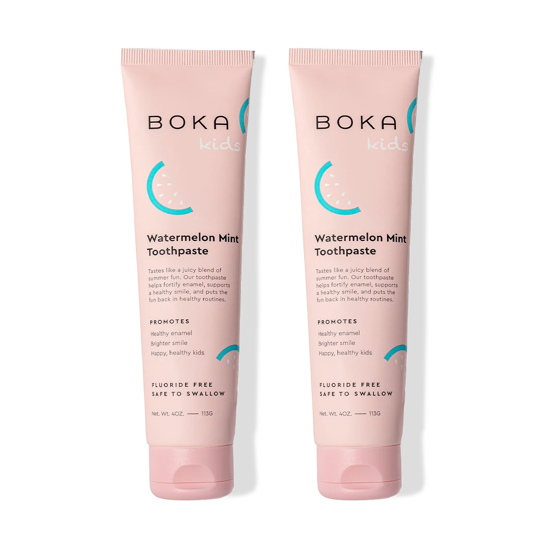 Two tubes of Watermelon Mint n-Ha Toothpaste for kids, standing upright.