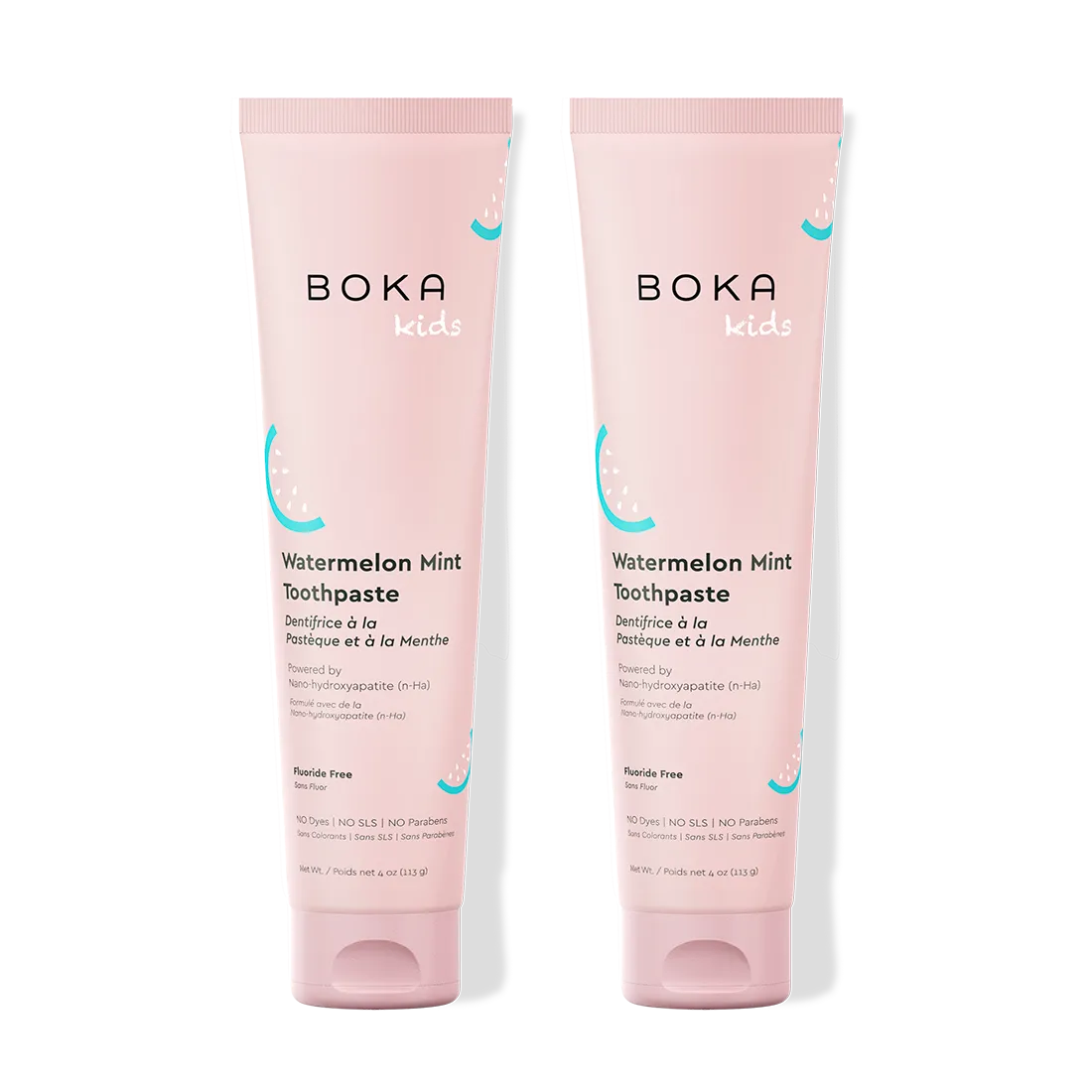 Two tubes of Boka Kids Watermelon Mint Toothpaste on a white background