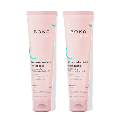 Two tubes of Boka Kids Watermelon Mint Toothpaste on a white background