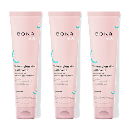 Three tubes of Boka Kids Watermelon Mint Toothpaste on a white background
