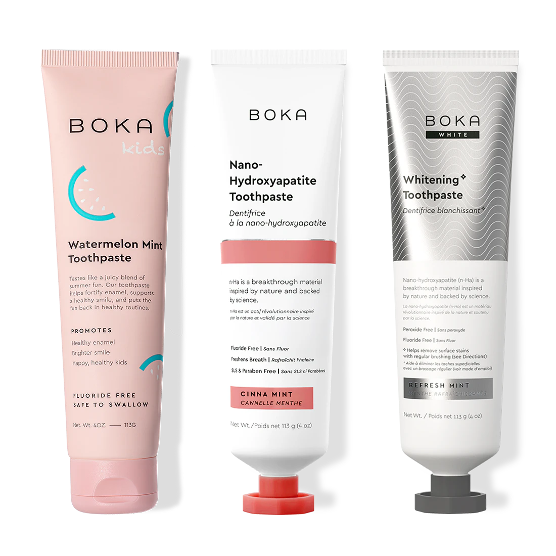 Three bottles of Boka Nano-Hydroxyapatite Toothpaste on a white background