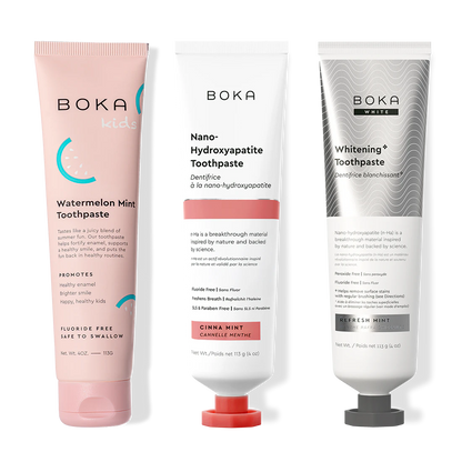 Three bottles of Boka Nano-Hydroxyapatite Toothpaste on a white background