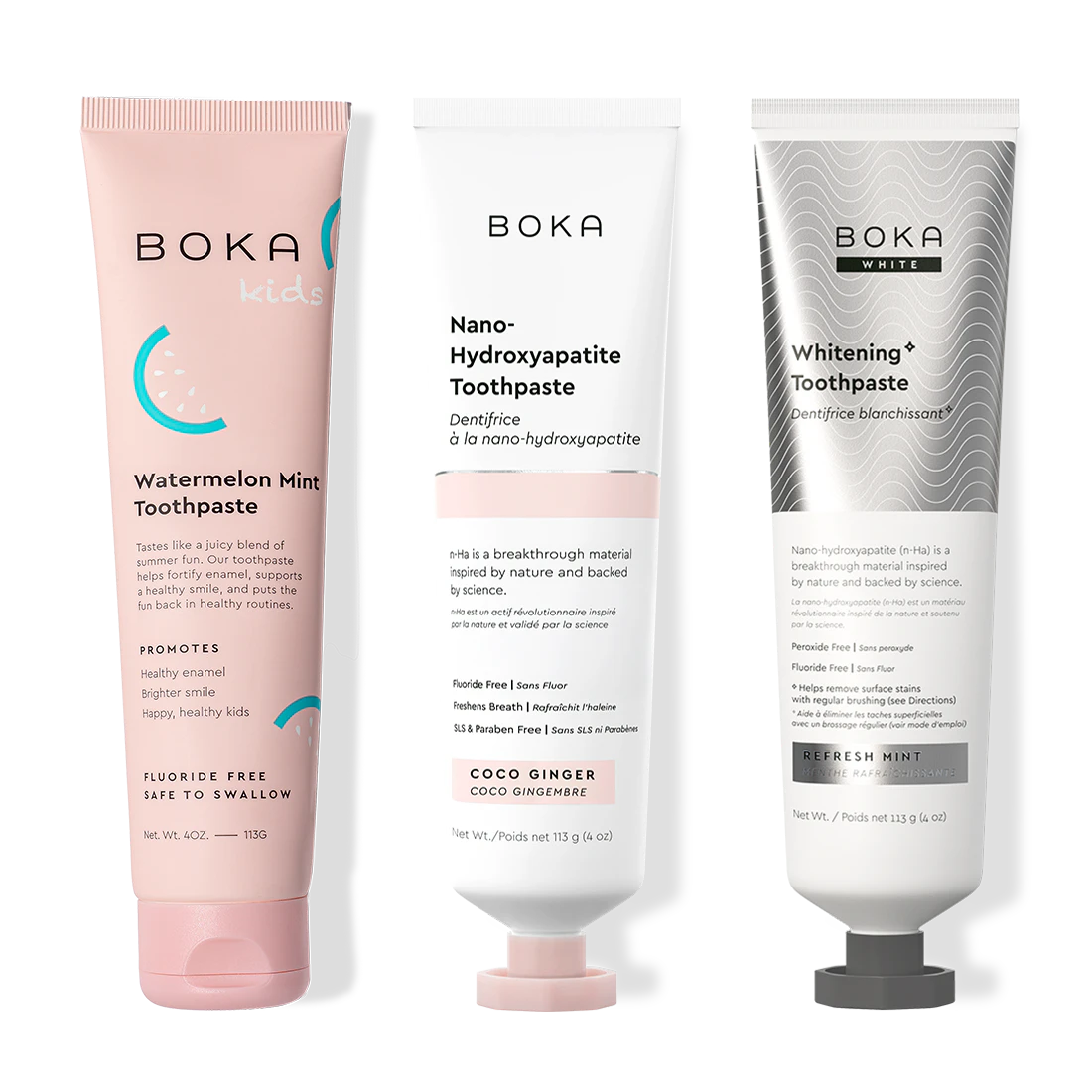 Three bottles of Boka Nano-Hydroxyapatite Toothpaste on a white background
